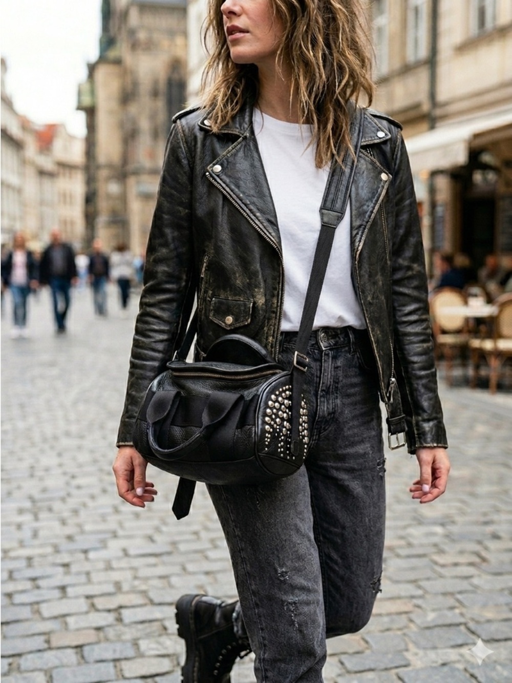 Alexander Wang Black Leather & Web Silver Studded Small Duffel Bag